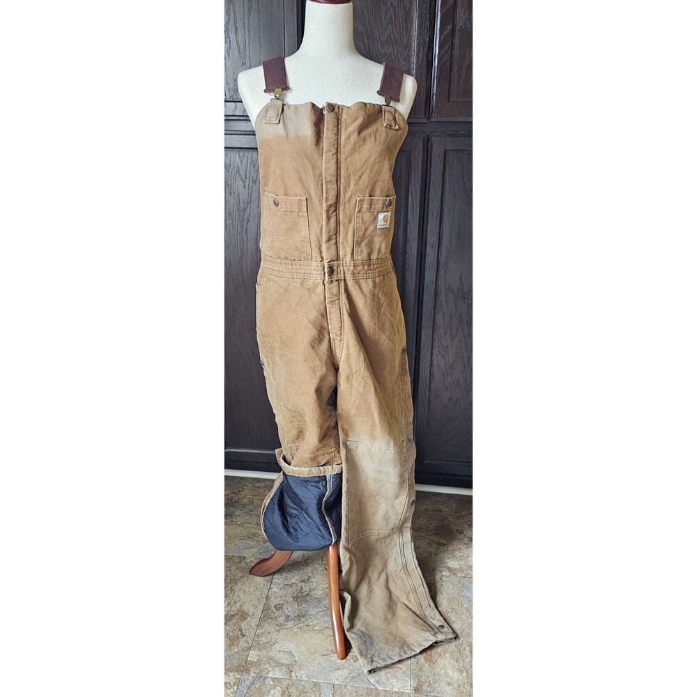 Vintage Carhartt Bib Overalls Women 12x32 Quilt Lined Duck Double Knee Faded